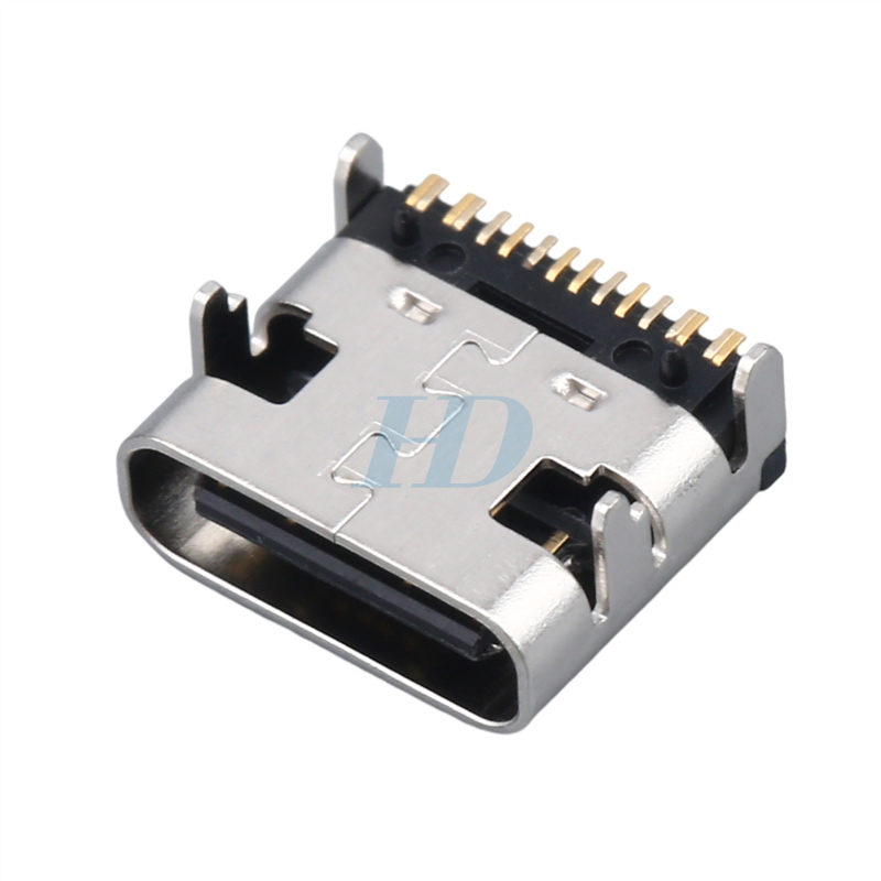 TYPE-C连接器 单排16P 卧贴 7.35长无弹有柱脚长1.0